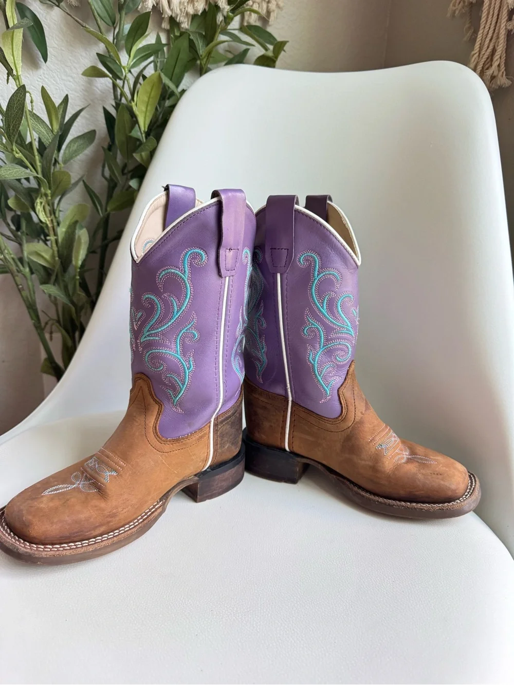 Old West BSC1907 Girls Cowboy Boots Size 12D Brown Purple Leather Western